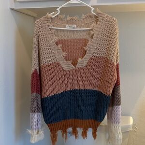 On The Road Frayed V-Neck Colorblock Sweater in Cream, Rust, Navy, Pink, Brown